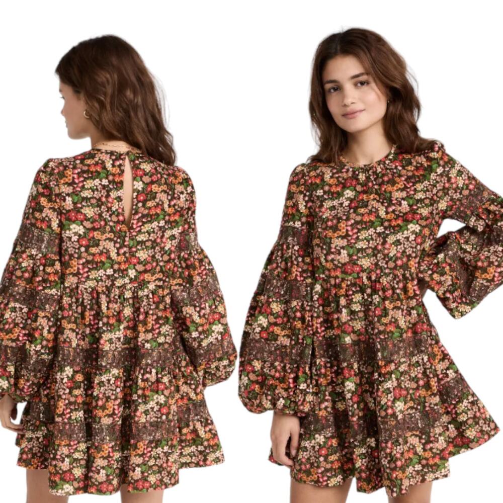 ByTimo NEW Baby Cord Shift Dress Floral Corduroy Lace Tiered Brown Multi XS